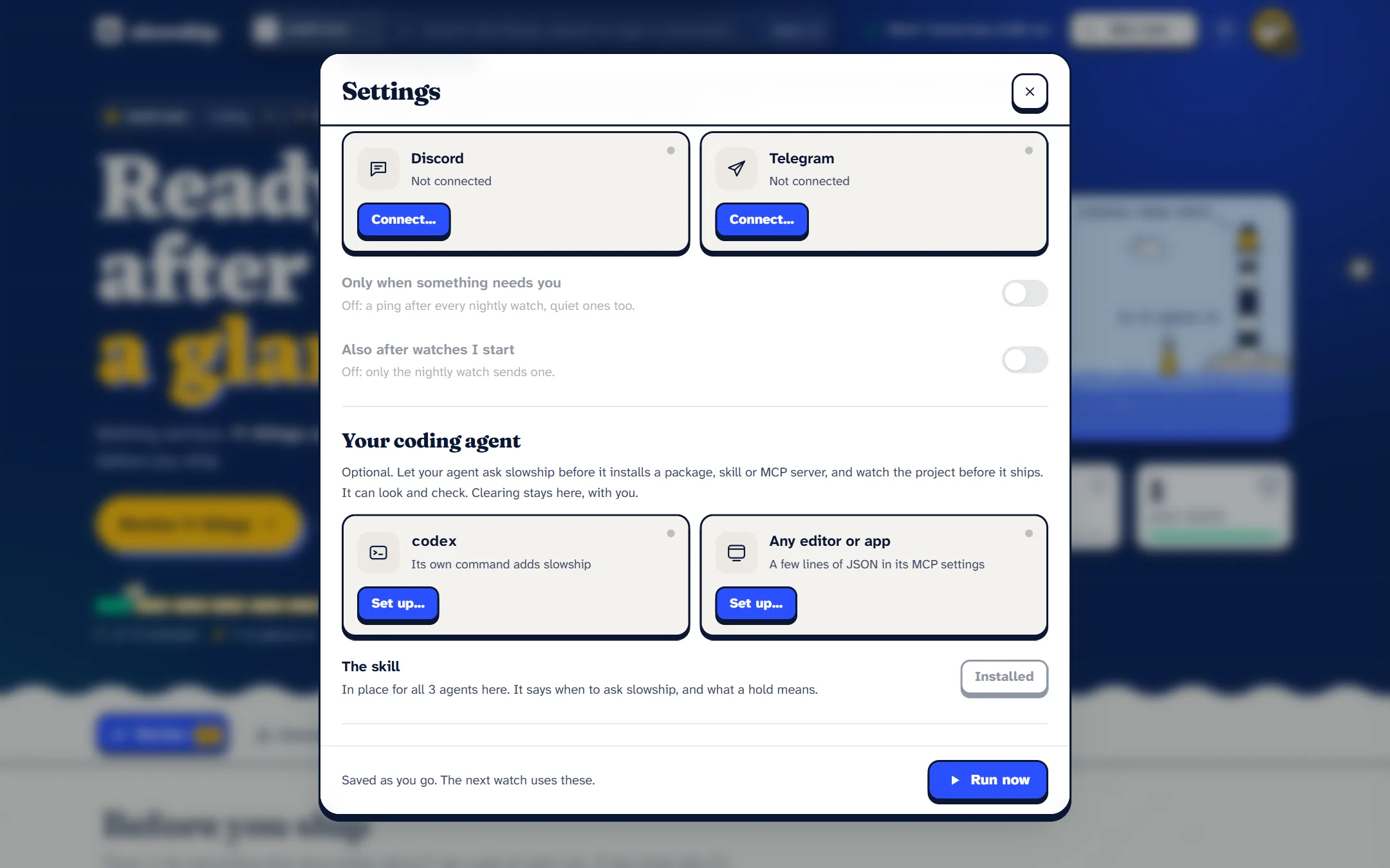 The coding agent section in Settings: whether each agent is connected, and the commands to connect one