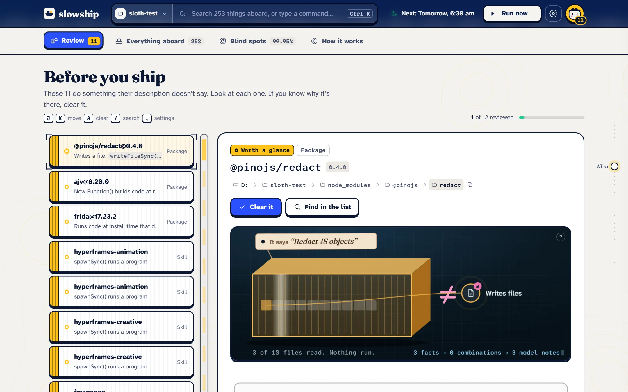 The review list on the left, with cards for each finding, and the inspector on the right showing one package in detail