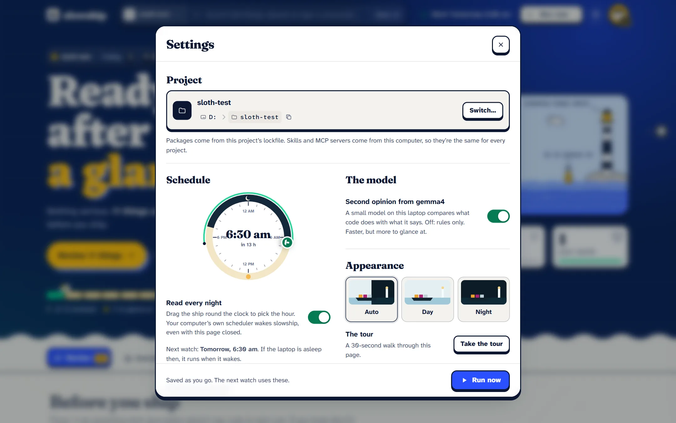 The Settings panel: the project, the nightly watch, what to read, the build folder, the model and the theme